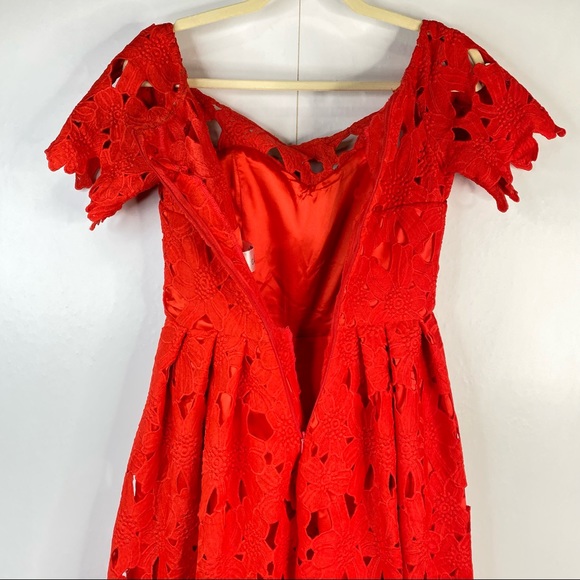 Chichwish Off Shoulder Floral Cutout Lace Skater Dress Mini Silhouette Red Small - Picture 10 of 15